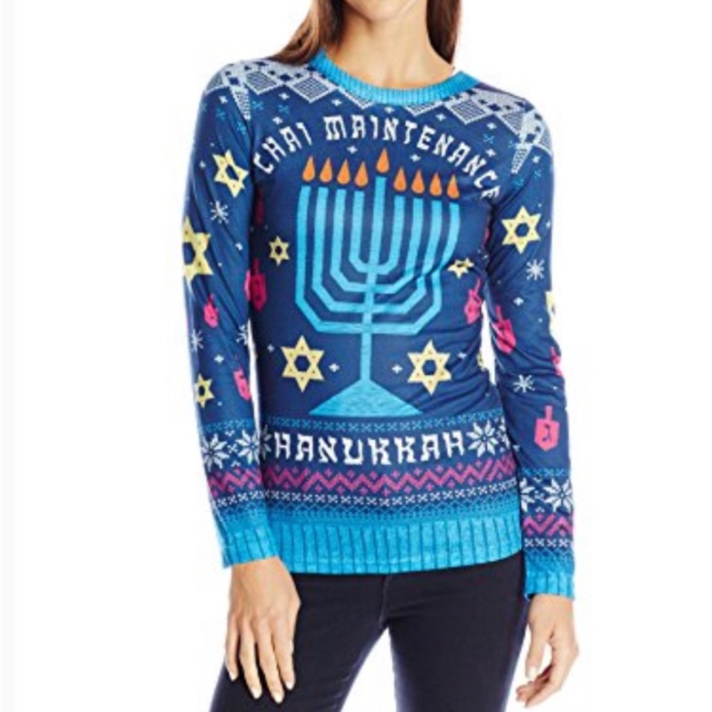 Faux Real Women’s Chai Maintenance Hanukkah Sweater Long Sleeve T-Shirt, Size L